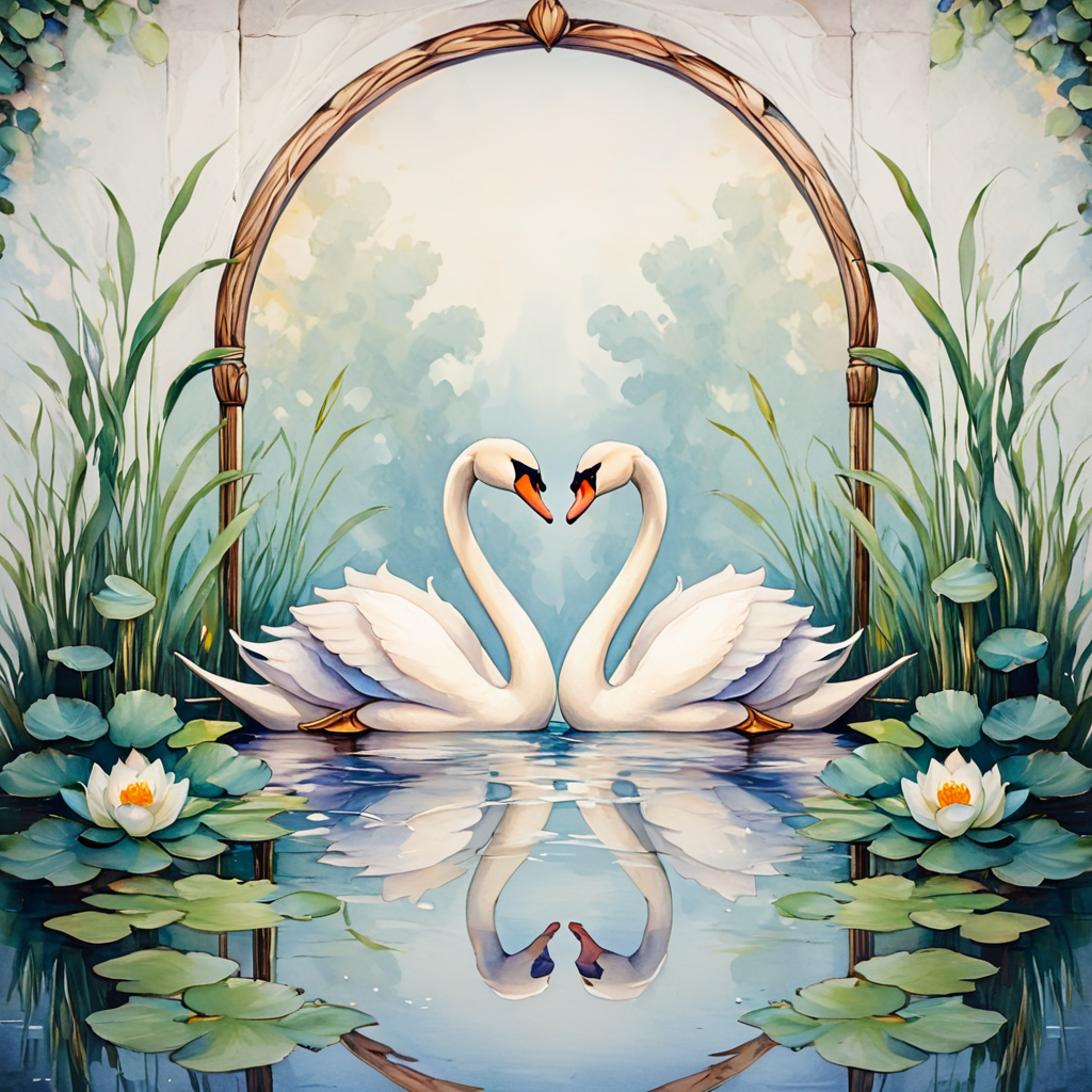 <lora:ArtNouveau2SDXL:1> ArsMJStyle, art nouveau,, The image shows a painting of a pair of swans in a pond surrounded by blooming water lilies and arched reeds forming a natural frame. The water reflects the soft hues of dawn, creating a harmonious and tranquil atmosphere., no humans, swan, water, flower, lily pad, water lilies, reeds, decorative patterns, dawn, pastel colors, still life, traditional media, tranquil