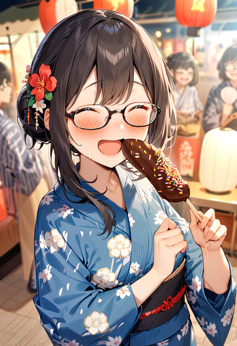 masterpiece, best quality, very aesthetic, absurdres,
chocolate banana, 1girl, solo, glasses, black hair, food, long hair, blush, holding, holding food, yukata, floral print, hair ornament, hair flower, hair bun, uchiwa, paper fan, paper lantern, night, blurry background, happy, laughing,  
<lora:chocolate_banana_SDXL_V1:1>
