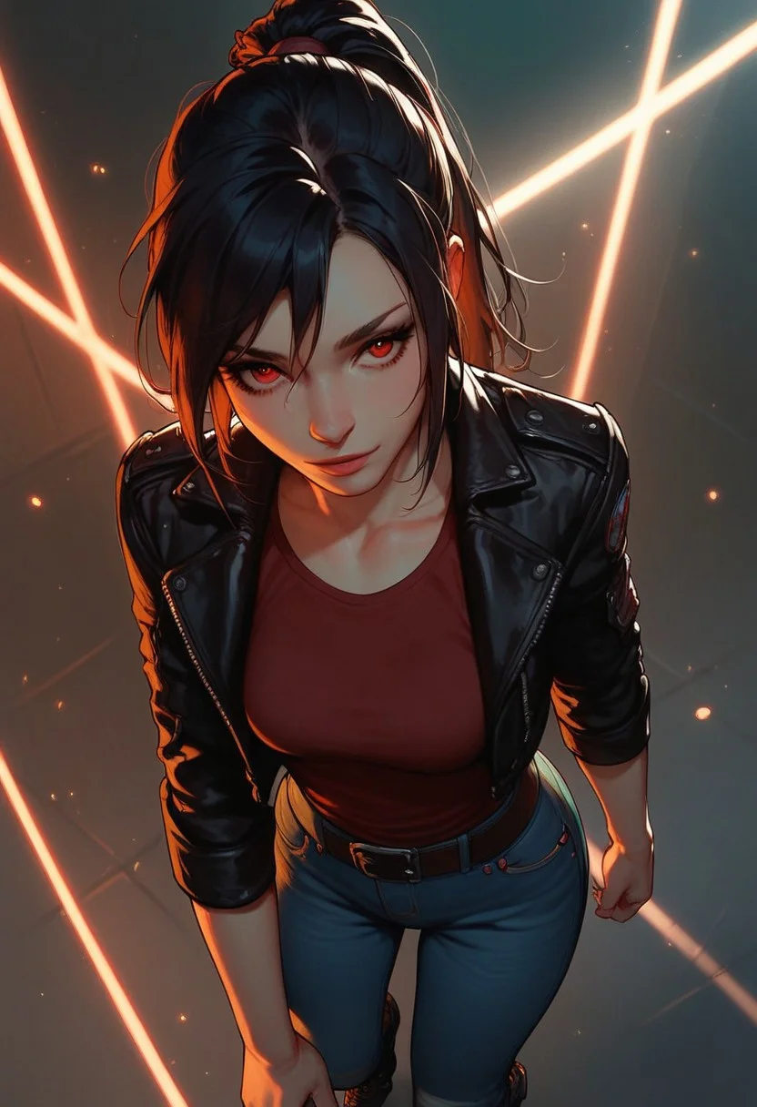 score_8_up, score_7_up , score_9, black hair, long hair, ponytail, solo, red eyes, dynamic lighting, medium breasts, leather jacket, red tanktop, jeans, combat boots, standing, dynamic angle, night, (cowboy shot, face close-up, cheeky:1.2), knee up, leaning