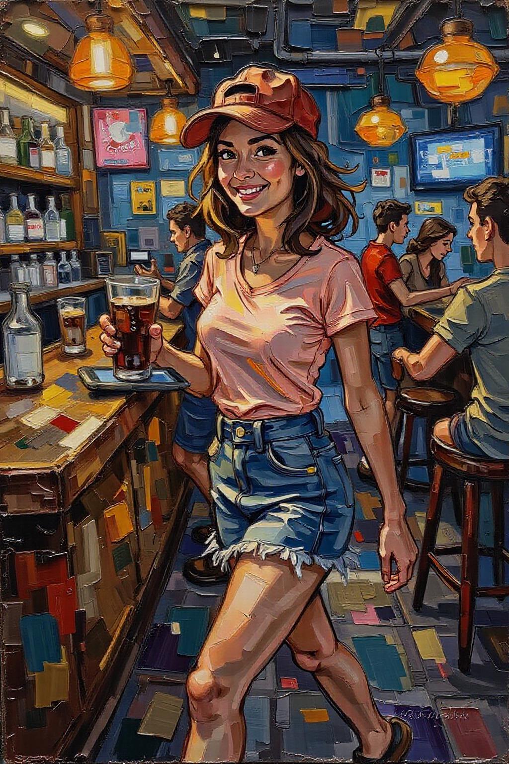 impasto oil painting. 
The air buzzes with the energy of a busy bar, a mix of music, conversation, and the clinking of glasses. A barmaid, the embodiment of youthful vibrancy, navigates the lively scene. She wears a peach-coloured T-shirt, the soft fabric contrasting with the smooth, cold glass of coke she carries on a small tablet. Her short skirt adds a playful touch, and a backwards baseball cap hints at a carefree attitude. The setting and atmosphere are palpable: the warm, slightly sticky surface of the bar counter under her fingertips, the dim, colourful lighting that casts playful shadows. Sensory details are abundant: the condensation forming on the glass of coke, the texture of her denim skirt, and the way the bar lights catch the highlights in her hair. Her confident stride, her quick smile, and her efficient movements. Stylistically, the image draws inspiration from the vibrant, candid shots of nightlife photographers, with a touch of the stylized realism found in contemporary illustration. There's a deliberate contrast between the barmaid's youthful energy and the slightly worn, lived-in atmosphere of the bar, creating a dynamic and engaging image. <lora:impasto_nocap_d6a3:1.0> <lora:Flux-Sch-SingleBlocks-BF16:1.0><lora:802453968832948945:0>