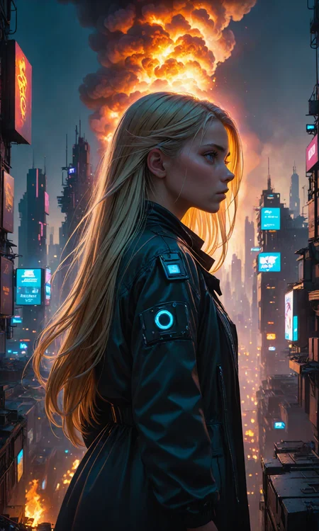 A breathtaking movie scene of a girl with long blonde hair looking out at a cyberpunk city on fire, digital art by James Gurney and MÅbius. Cinematic, hyper realism, dramatic lighting, high detail 4k uhd, trending on Artstation. Unreal engine 5, octane render, redshift rendering, 8k, Vibrant colors <lora:Fast:0.69>
