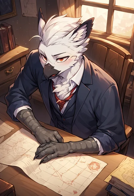 masterpiece, score_9_up, score_8_up, score_7_up, score_6_up, score_5_up, source_anime, (best quality:1.1), ultra-detailed, high resolution, solo, 1boy, erdinand Dawnclaw, griffon, albino, avian, male, Evil eyes, white hair, feathers, feathery ears, black beak, evil facial expression, athletic body, School uniform  BREAK indoors, School, map on the wall, indoors, chair, desk, BREAK Highly Visible, sharp focus, perfect lighting, anatomically correct, extremely detailed, high detail, Expressiveh, detailed background, OverallDetail, zPDXL3