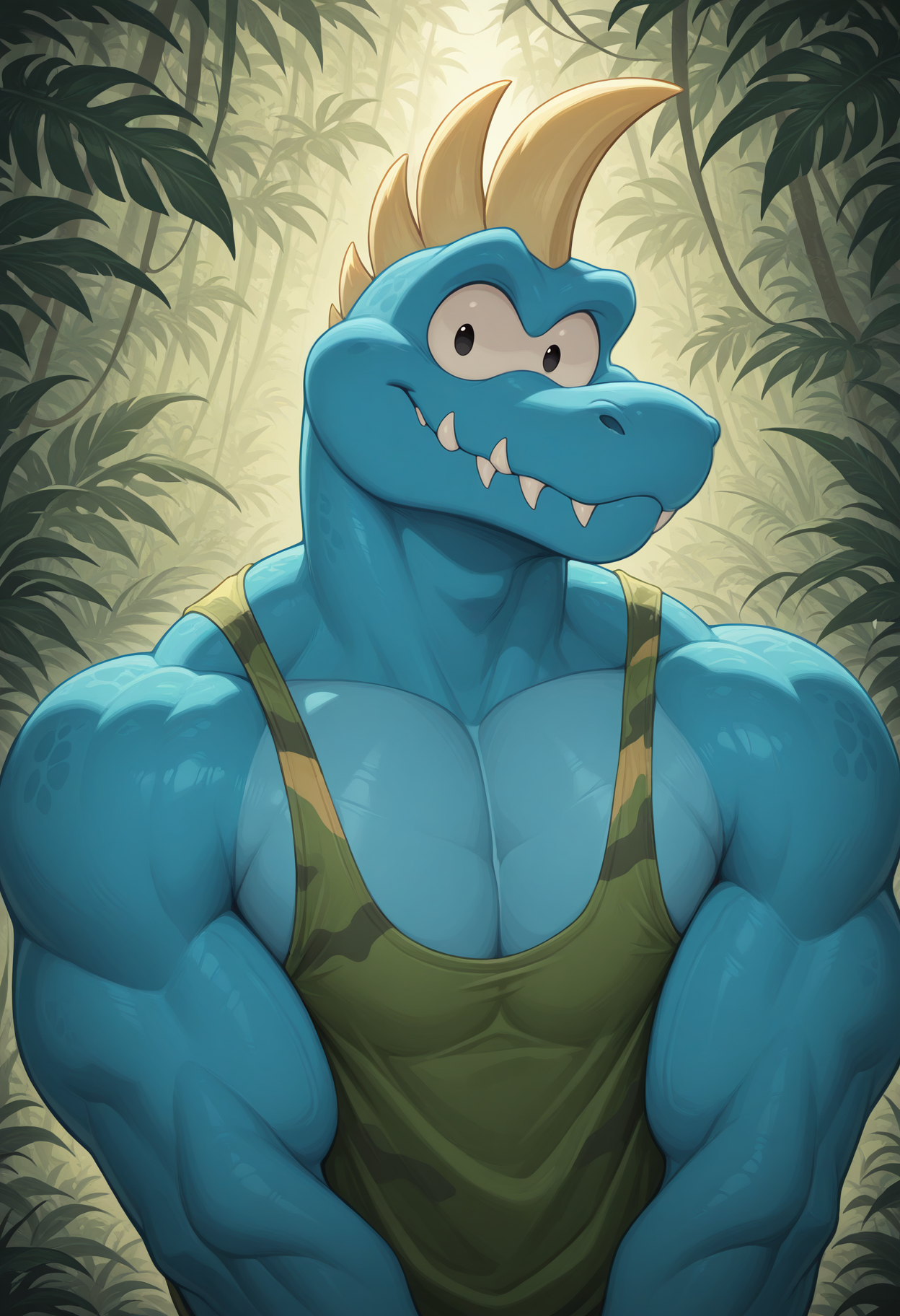 solo, 1boy, male focus, portrait, krush4, close-up, blue body, anthro, reptile, spiky teeth, toony eyes, muscular, tanktop, outside, sunny, jungle,
perfect anatomy, masterpiece, perfect quality, best quality, detailed, newest, very aesthetic    <lora:Krusha_DonkeyKong_V1_ILXL:1.0000000000000002>