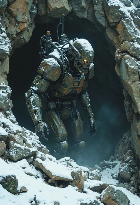 Giant stone golem, its body covered in moss and frost, emerging from a cave in the side of a mountain, its eyes glowing with an ancient light, snow cascading down from its massive frame as it moves, the cliffs around it crumbling under its weight, the air filled with the sound of grinding stone, the scene capturing the raw, elemental force of the mountains., 
in the style of live action dark fantasy, retro, 80s Panavision look and feel, high contrast, lens flares, film grain, retro aesthetic, soft focus, deep shadows, vibrant saturation, authentic 1980s vibe, nostalgic, dreamcore
, autumn dreamcore, samhain,
