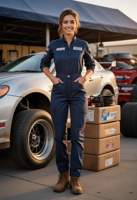 (medium full shot) of (handsome mechanic) young woman, spanish, dark brown eyes, tan skin, tan skin, dark Blue eyes, slender build, medium brown updo hair, wearing a black coverall,utility pants,safety shoes, holding a rag, dirty with oil and grease, set in Pit Stop, open area with a race car on a lift, tool chests on wheels, spare tires stacked nearby, fuel cans lined up, a computer for tracking lap times, a board with the race schedule, at sunset, woman laughing, arms crossed, Masterpiece,best quality, photorealistic, amazing quality, very aesthetic, extremely detailed face,