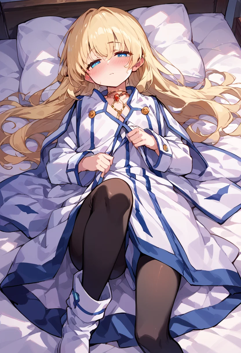 score_9,score_8_up,score_7_up,source_anime,zPDXL,bedroom,blush,half-closed eyes,
*//*,1girl,blonde hair,long hair,blue eyes,black pantyhose,white dress,white boots,(red jewelry:1.2),<lora:ColetteBrunel:1>,
*//*,lying,on back,(half undress,undressing:1.2),