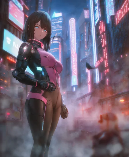 android woman, masterpiece, caustics, detailed, depth of field, neon lights, eyes, steam, city, night