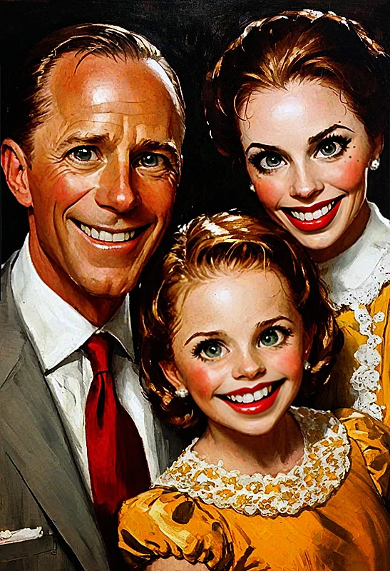 Norman Rockwell creepy oil painting of a family, featuring a man and a woman with their two children. The man is wearing a suit and tie, while the woman is dressed in a yellow dress. They are depicted with big creepy smiles on their faces, making the family look like psychos. The drawing captures a moment of unsettliness and creepiness