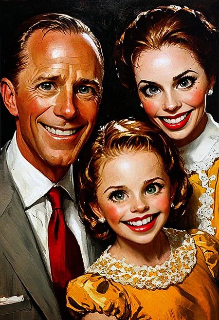 Norman Rockwell creepy oil painting of a family, featuring a man and a woman with their two children. The man is wearing a suit and tie, while the woman is dressed in a yellow dress. They are depicted with big creepy smiles on their faces, making the family look like psychos. The drawing captures a moment of unsettliness and creepiness