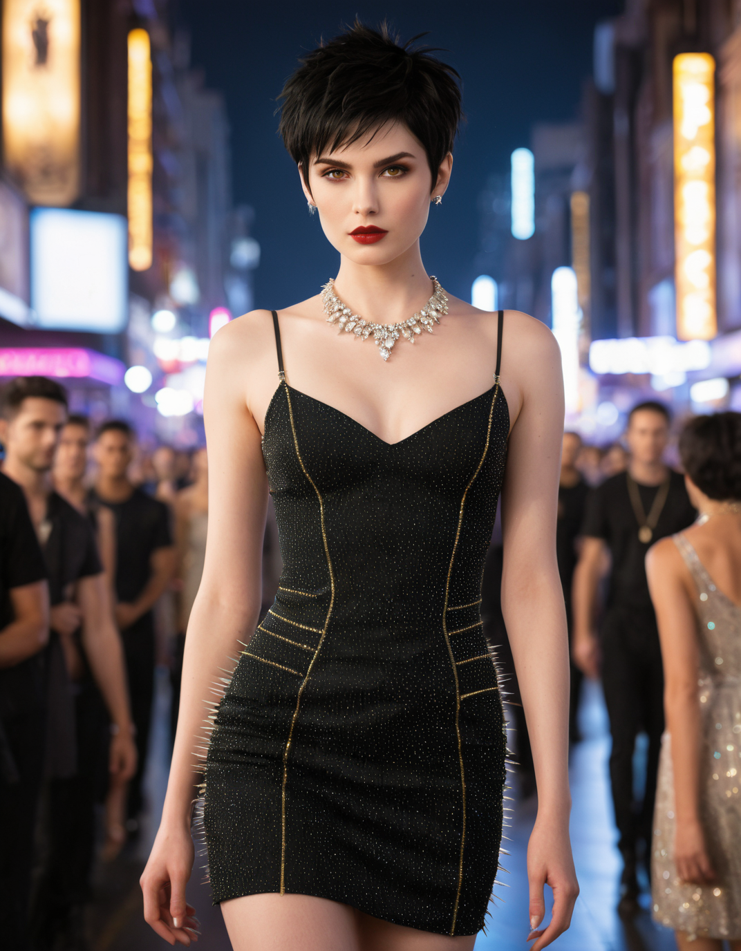 Haute couture theme, <lora:cwhyberponk1:1>,cwhyberponk1,r0k@p@nk,cwhyberponk0,cwhyberponk,str33tv13w,, scenery, city, cityscape, science fiction, city lights, street, neon lights, realistic, cyberpunk, dark,, Alice Cullen, (Height, Petite, standing at approximately 4 feet 10 inches:1), (Build, Slim and graceful, with a delicate frame that emphasizes her agility and speed:1), (Hair, Short, spiky, and jet-black hair, styled in a tousled, pixie-like fashion, giving her a playful and unique look:1), (Eyes, Golden or amber-colored eyes, eyes are large and expressive, adding to her charming and mischievous aura:1), (Skin, Pale, alabaster skin that sparkles like diamonds in sunlight, as typical of vampires in the Twilight universe:1), . , a model walks the runway, crowd, depth of field, dress, focused, jewelry, looking at viewer, photo \(medium\), photo background, photo inset, photorealistic, reference inset, solo focus, standing,