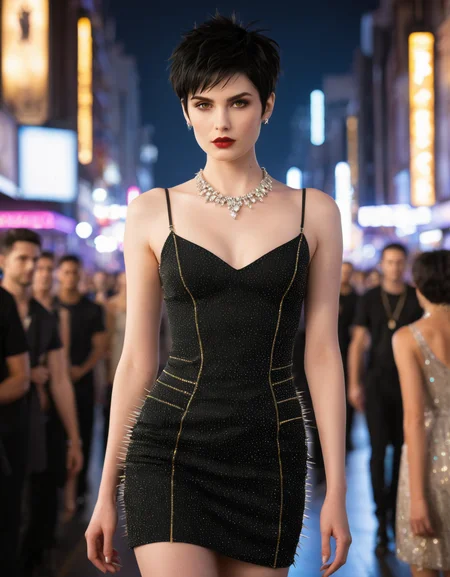 Haute couture theme, <lora:cwhyberponk1:1>,cwhyberponk1,r0k@p@nk,cwhyberponk0,cwhyberponk,str33tv13w,, scenery, city, cityscape, science fiction, city lights, street, neon lights, realistic, cyberpunk, dark,, Alice Cullen, (Height, Petite, standing at approximately 4 feet 10 inches:1), (Build, Slim and graceful, with a delicate frame that emphasizes her agility and speed:1), (Hair, Short, spiky, and jet-black hair, styled in a tousled, pixie-like fashion, giving her a playful and unique look:1), (Eyes, Golden or amber-colored eyes, eyes are large and expressive, adding to her charming and mischievous aura:1), (Skin, Pale, alabaster skin that sparkles like diamonds in sunlight, as typical of vampires in the Twilight universe:1), . , a model walks the runway, crowd, depth of field, dress, focused, jewelry, looking at viewer, photo \(medium\), photo background, photo inset, photorealistic, reference inset, solo focus, standing,