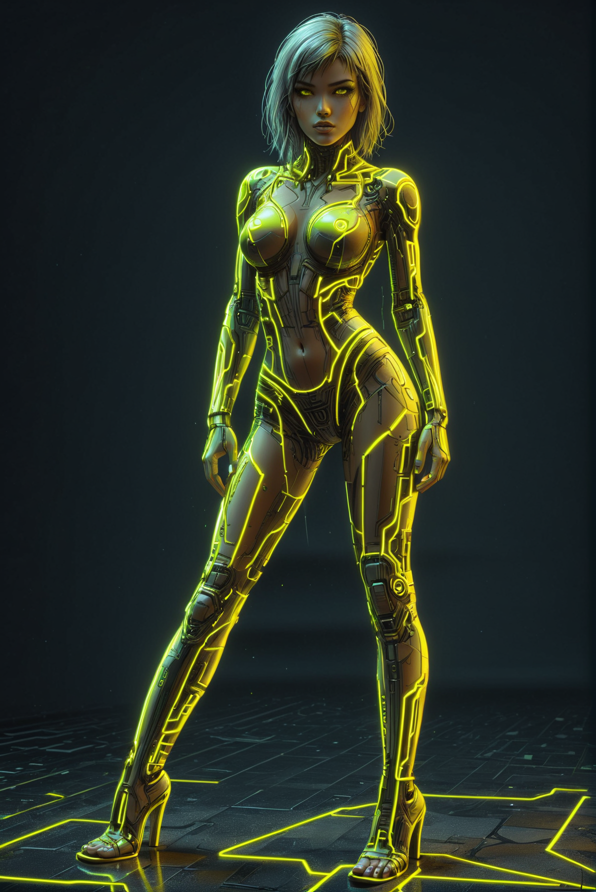 cyberpunk girl, neon_yellow outline, dark neon_yellow backgroung, scifi, 1980s, retro Leaning on one leg pose, athletic, cleavage  <lora:Dystopia:0.8> <lora:Neon_Cyberpunk_SDXL_-_Cyberspace:0.8> mad-cyberspace,, (masterpiece:1.2), best quality, (hyperdetailed, highest detailed:1.2), high resolution textures