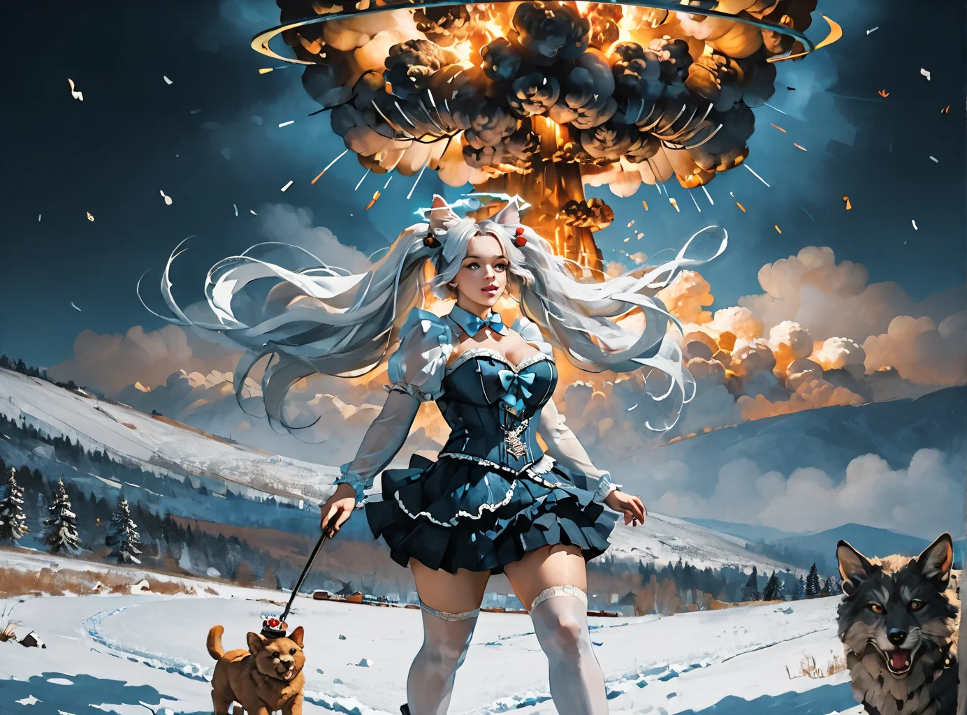 score_9, score_8_up, score_7_up, character focus,dutch angled, straddling object,  <lora:Kirsche:1>(kirsche, twintails, long hair, fluffy hair, cherry hairornaments, white hair, animal ears, large breasts, halo), (skirt(side lace-up corset, black skirt)), Black hair, white highlights, <lora:Nuclear_Explosion:1> Nuclear Explosion, Blue Nuke in the Background, A skulls throne, darkened by time and decay, the growing black tendrils sprawl in technological terror,highly detailed