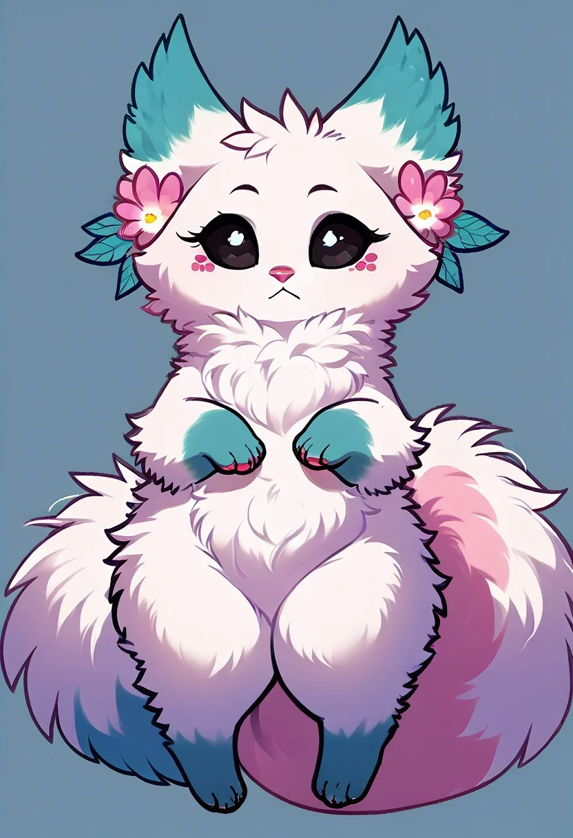 score_9, score_8_up, score_7_up,1girl, Minto, white fur, black sclera, black eyes, pink nose, paws, tail, turquoise edges at the ears,