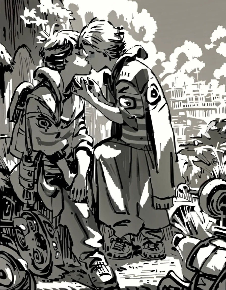 score_9, score_8_up, score_7_up, (Mignstl:1.2), (Alsel:1.2), (light colored hair:1.2), 1girl, sneakers, kissing a boy, (outdoors scenery:1.2), perfect eyes, perfect hands, detailed fingers, bw, grayscale