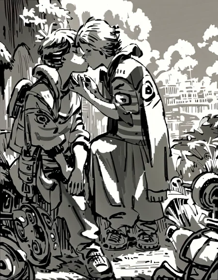 score_9, score_8_up, score_7_up, (Mignstl:1.2), (Alsel:1.2), (light colored hair:1.2), 1girl, sneakers, kissing a boy, (outdoors scenery:1.2), perfect eyes, perfect hands, detailed fingers, bw, grayscale