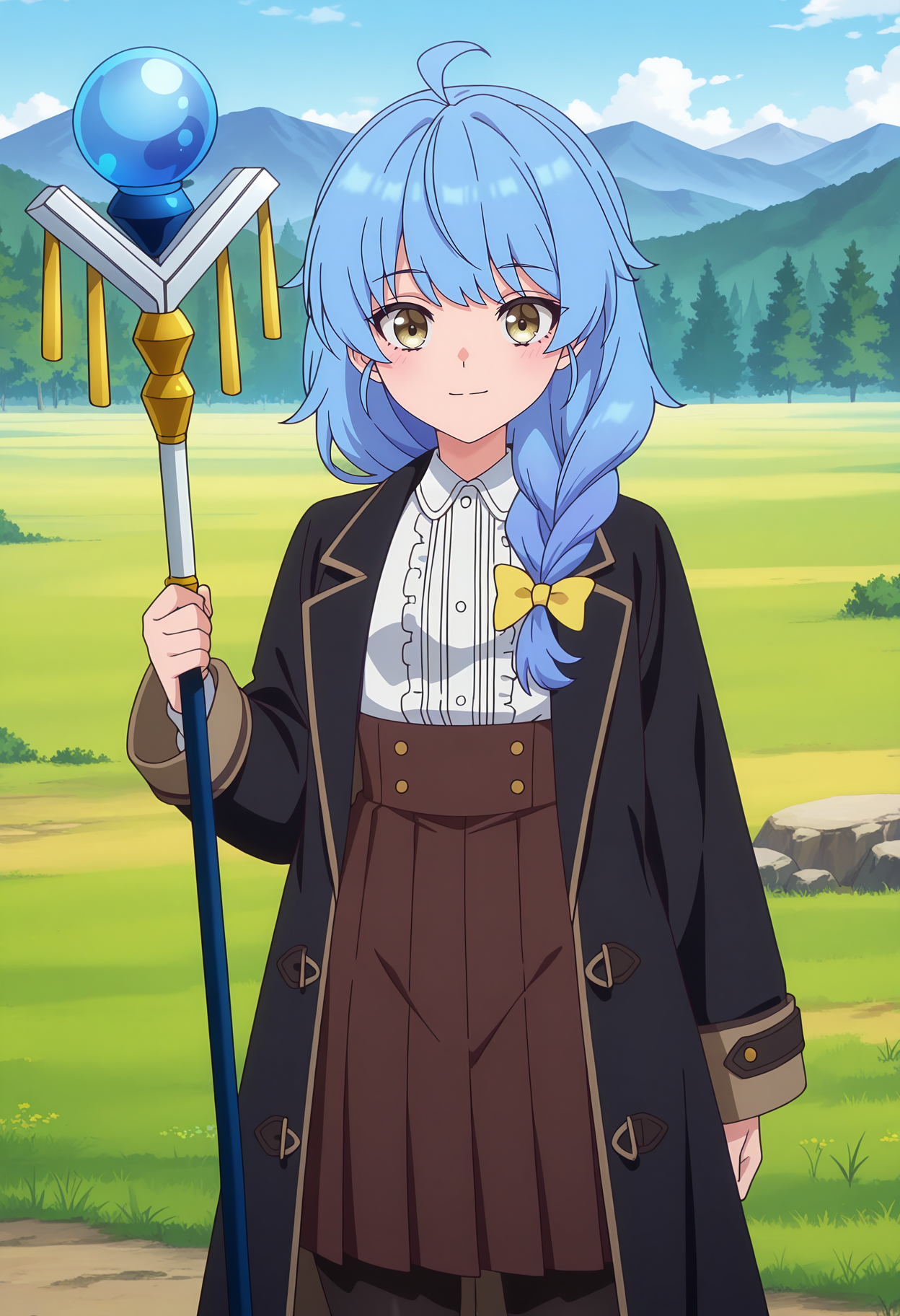 anime screencap, masterpiece, best quality,
<lora:ARankParty(Aparida)_Rain_IlluXL:0.9>,
1girl, solo, closed mouth, light smile, blush,
single braid, hair over shoulder, ahoge, blue hair, long hair, multicolored eyes, hair bow, yellow bow,
RainMageOne, open coat, black coat, white shirt, center frills, high-waist skirt, pleated skirt, brown skirt, black pantyhose,
holding staff, orb,
standing, looking at viewer, cowboy shot,
forest, mountainous horizon, grass, nature, day