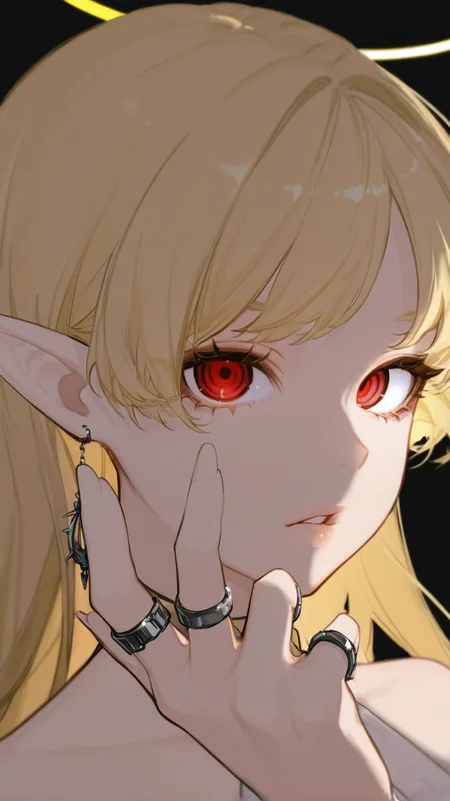 1girl, solo, long_hair, looking_at_viewer, bangs, blonde_hair, simple_background, red_eyes, bare_shoulders, jewelry, earrings, parted_lips, pointy_ears, hand_up, halo, ring, black_background, portrait