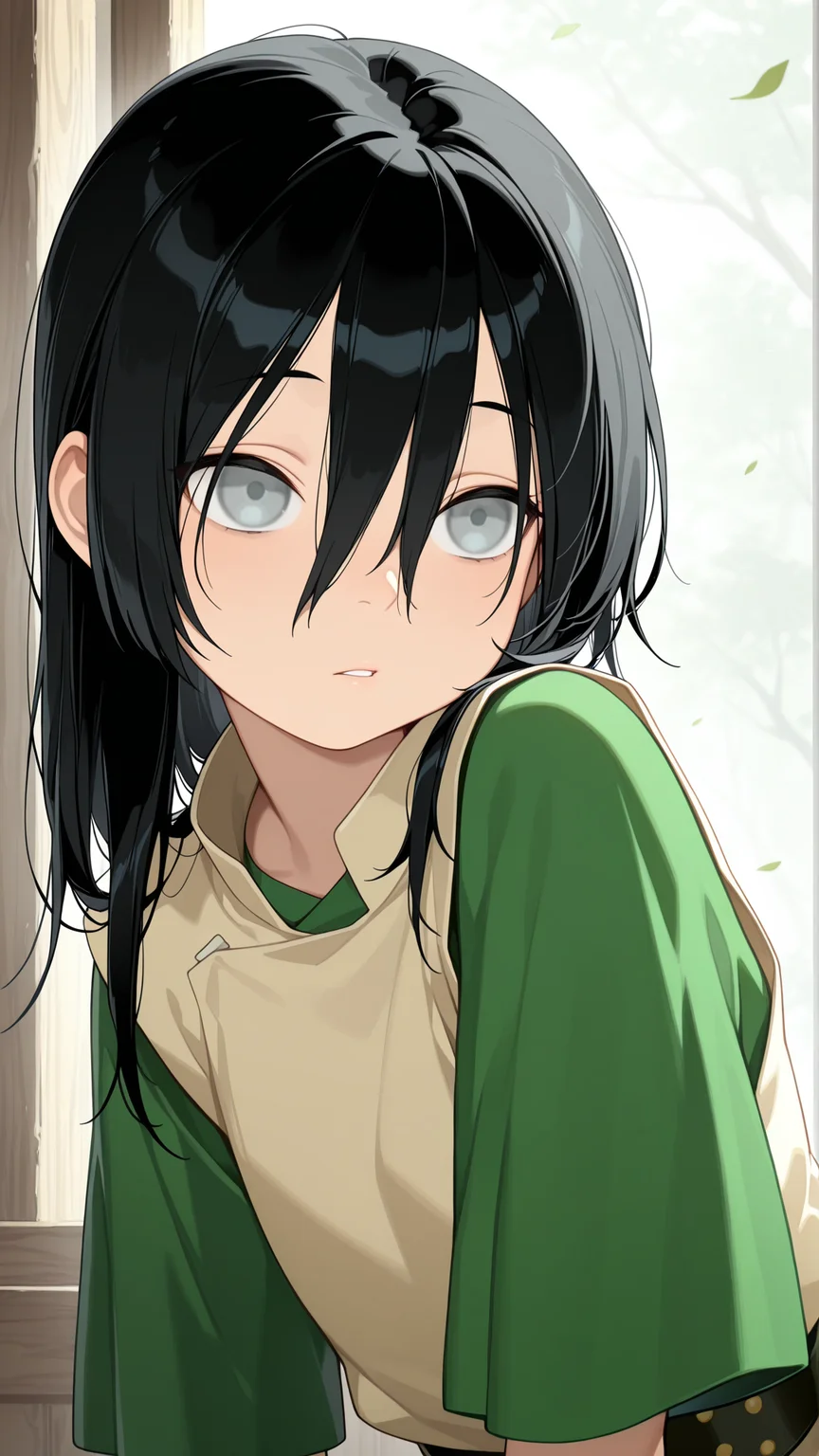 masterpiece,best quality,amazing quality, absurdres, solo, 1girl, <lora:IlluToph:1> illutoph, blind, grey eyes, black hair, hair between eyes, hair down,