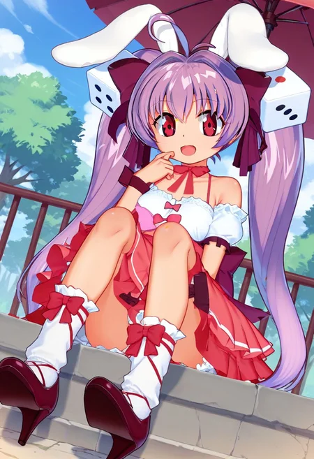 score_9, score_8_up, score_7_up, best quality, uncensored, source_anime, BREAK
1girl, solo, usada_hikaru, ahoge, rabbit ears, dice hair ornament, ahoge, purple hair, twintails, red eyes, ribbon choker, wrist ribbon, dress, usada_hikaru_outfit, red frills skirt, bare shoulders, white socks, high heels,
dutch angle, sitting, Relieved, Mouth turned up slightly, eyes wide open, and a relaxed jaw., outdoors,
<lora:sdxl_lightning_8step_lora:1> <lora:usadahikaru_XL(pony)rev2:0.8>