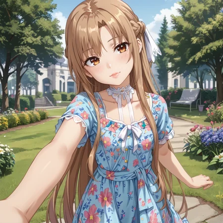 1girl, braided bangs, (cowboy shot:1.1), garden scenery, trees, on grass, BREAK head tilt, light smile,  <lora:asuna-yuuki-alo-s1-ponyxl-lora-nochekaiser:0.7> asuna yuuki, long hair, brown hair, brown eyes, very long hair, braid, BREAK selfie, smartphone in hand, posing for selfie,   <lora:Green long boho dress:0.8> boho dress, long, green, (deep v neck line), floral print, wrap dress, waistbelt, short sleeves,  <lora:Toraisi666P:0.5> Toraisi666P