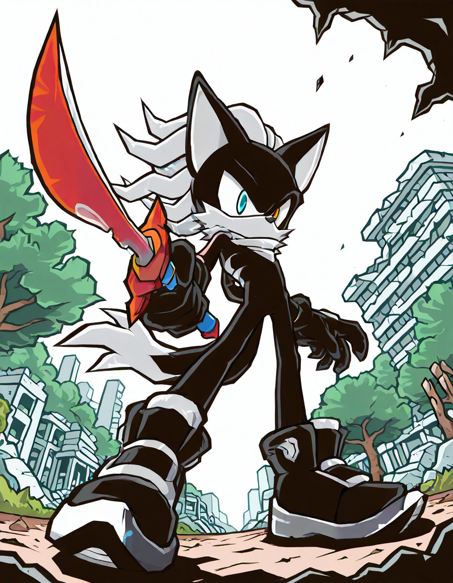 masterpiece, best quality, amazing quality, newest, absurdres, highres, sonic \(series\), sbstyle, cel shading, flat color, 1boy, solo, infinite the jackal, heterochromia, scarf, gloves, shoes, holding weapon, scimitar, full body, dynamic pose, dutch angle, from below, park, ruins