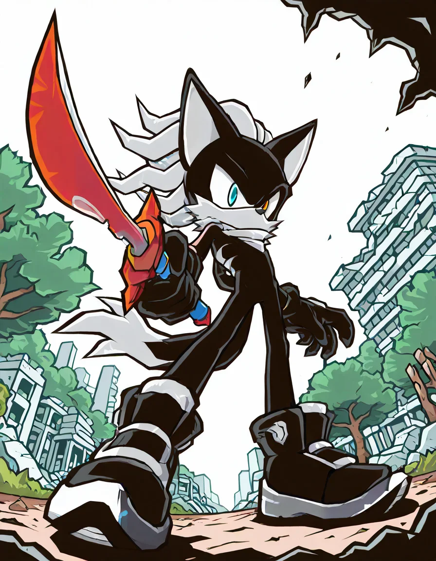 masterpiece, best quality, amazing quality, newest, absurdres, highres, sonic \(series\), sbstyle, cel shading, flat color, 1boy, solo, infinite the jackal, heterochromia, scarf, gloves, shoes, holding weapon, scimitar, full body, dynamic pose, dutch angle, from below, park, ruins