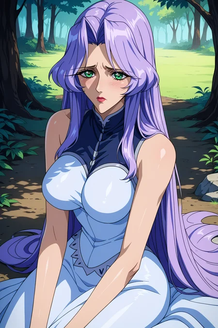 score_9, score_8_up, score_7_up, score_6_up, source_anime, 1girl, solo, <lora:valkfreya-pdxl-nvwls-v1-000004:1> valkFr, lavender hair, long hair, green eyes, lipstick, white dress, sleeveless, long dress, large breasts, looking at you, sitting, on ground, forest, distressed, looking at you, blush, sad