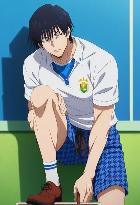 masterpiece, best quality, , anime screencap, anime coloring, official style, , 1boy, solo, male focus, <lora:touji_fushiguro_ilxl:0.94>, touji_fushiguro, black hair, black eyes, short hair, hair between eyes, bangs, , scar on mouth, , Pleated denim shorts, Canvas Tangerine Houndstooth Rugby polo, Cap-toe shoes, , and