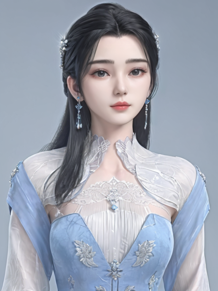 1girl, black hair, dress, hair ornament, solo, long hair, hair bun, upper body, blue dress, jewelry, earrings, white dress, long sleeves<lora:limuwan-000006:0.6>, masterpiece, best quality,newchinesestylesuit,,1girl , looking at viewer, full body, simple background, Cement Gray dress,   <lora:NewChineseStyleSuit_v01:1>