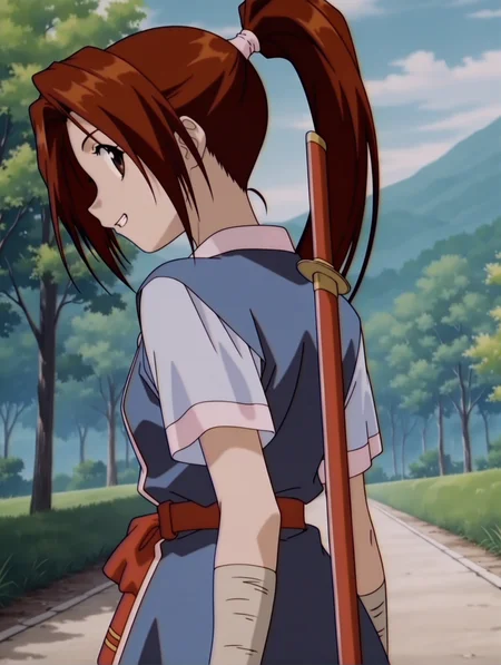 masterpiece,best quality,newest,
1girl,solo,
anime screencap,<lora:sakura_ilxl_v1.0>,sakura,high ponytail,brown hair,brown eyes,
s_clothes,short_sleeves,open clothes,belt,ribbon,sheath_on_back,
<lora:Fixhands_anime_bdsqlsz_V1:1>,looking_at_viewer,grin,outdoor,nature,trees,blue sky,walking,pov,from_side,profile,upper_body,face_focus,
