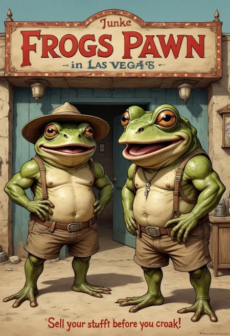 the poster shows a Pawn shop in las vegas . Run by two human like Frog people,  and the title "Frogs Pawn " is written in bold red letters at the top,  The tagline underneath reads, "Sell your stuff before you croak!"