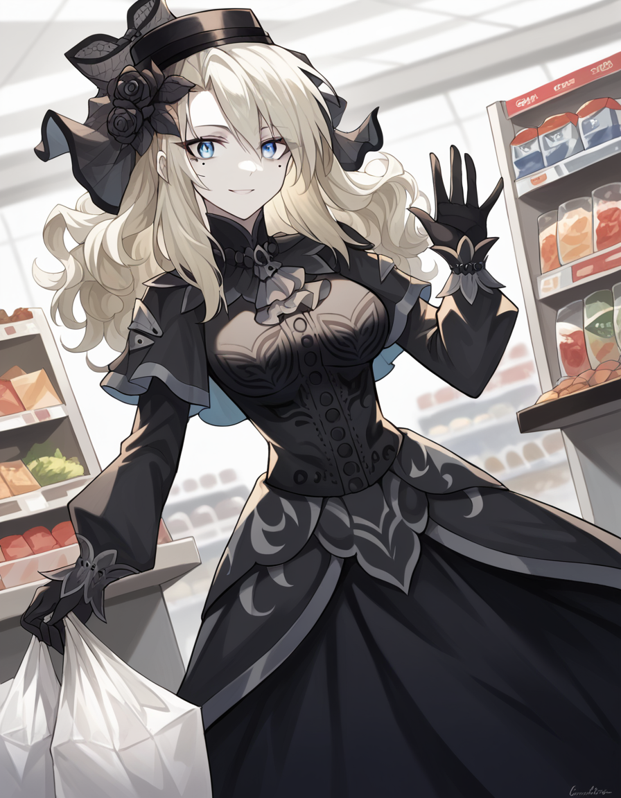 score_9, score_8_up, score_7_up, source_anime, <lora:fgo-kriemhild-ponyxl-lora-nochekaiser:1>, kriemhild, blue eyes, long hair, mole, mole under eye, pale skin, white hair, wavy hair, large breasts,, ascot, black capelet, black dress, black flower, black gloves, black headwear, black rose, capelet, dress, flower, gloves, hat, long sleeves, rose, veil,, grocery store, cashier, shopping bag, scanning items, small talk, everyday routine, smile, looking at viewer, hand waving, solo,, cowboy shot, dutch angle