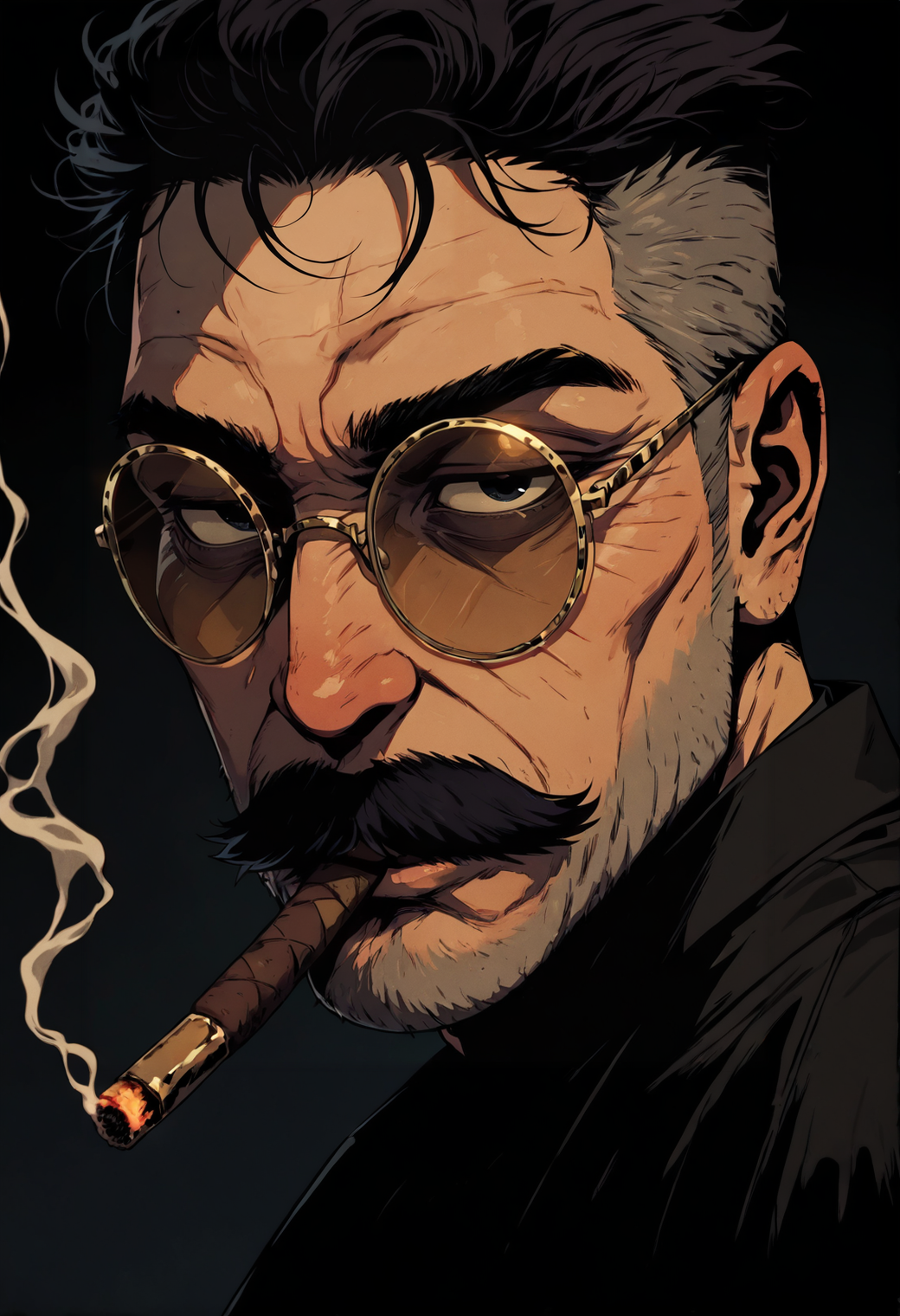 1male, masculin, mature ,mustache, dark hair, italian, smoking cigar, gold-trimmed shades, boxercut, face focus, close up, shady,
GOTAV1.0,  <lora:Gothic-Anime-V1.0_IL:1>, 
dark background, smokey,, masterpiece, best_quality, amazing_quality, very_aesthetic, 8k, high_quality, highres, absurdres, subject_focus,, detailed eyes, perfect eyes, realistic eyes,