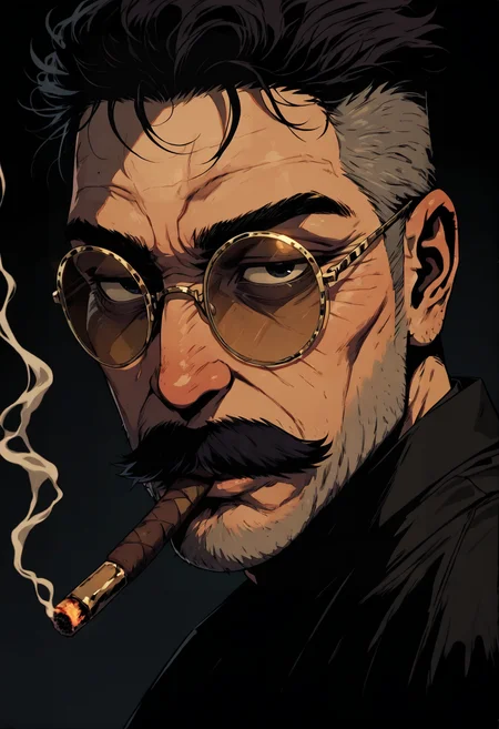 1male, masculin, mature ,mustache, dark hair, italian, smoking cigar, gold-trimmed shades, boxercut, face focus, close up, shady,
GOTAV1.0,  <lora:Gothic-Anime-V1.0_IL:1>, 
dark background, smokey,, masterpiece, best_quality, amazing_quality, very_aesthetic, 8k, high_quality, highres, absurdres, subject_focus,, detailed eyes, perfect eyes, realistic eyes,