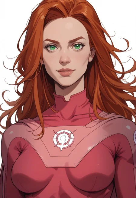 score_9, score_8_up, score_8, score_7_up, score_7, face focus, Expressiveh
BREAK
1girl, solo, atom_eve, ginger-red hair, green eyes,long hair, large breasts, slim waist, wide hips, looking at viewer, head tilt, seductive look, aroused, horny, standing, turtleneck superhero suit, detailed superhero logo,on chest, light smile
BREAK
white background
