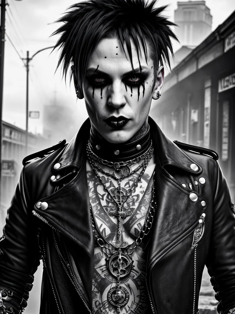 stunning 30 year old gothic punk rock man, high detail, grunge, dark, gritty, realistic, sharp details, subsurface scattering, raytracing, dreamy, magical, mystifying, obscure, surreality, 4k, ultrarealistic, cinematic
