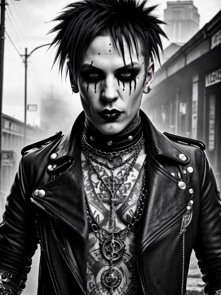 stunning 30 year old gothic punk rock man, high detail, grunge, dark, gritty, realistic, sharp details, subsurface scattering, raytracing, dreamy, magical, mystifying, obscure, surreality, 4k, ultrarealistic, cinematic