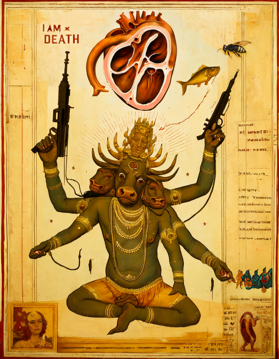 <lora:rvaz-000007:0.8>rvaz, anatomy of a heart, hindu god with cattle head and human head holding gun and fish, text that says "i am become death"