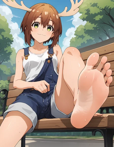 score_9, score_8_up, score_7_up, score_6_up, score_5_up, score_4_up, source_anime, <lora:Nokotan_T1V1:0.85>,
1girl, solo, anime screencap,
Nokotan_T1V1, brown hair, short hair, hair between eyes, green eyes, deer antlers, 
blue overalls, overall shorts, white tank top, collarbone, barefoot, 
sitting, on bench, spread legs, foot focus, soles, toes, 
looking at viewer, :3, smile, closed mouth, sweat, 
outdoors, park, park bench, from below,