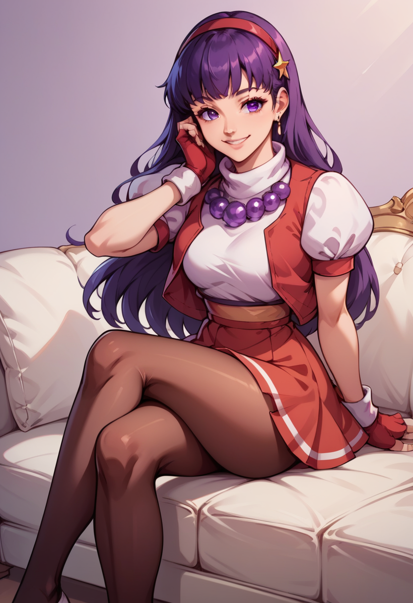 score_9, score_8_up, score_7_up, score_6_up, source_anime BREAK   <lora:Athena97:1>,  Athenakof97, long hair, purple hair, purple eyes, red hairband, pearl necklace, puffy sleeves, short sleeves, open vest, skirt, pantyhose, fingerless gloves,  crossed, legs, sitting, couch, purple background, smile, hand on own face,