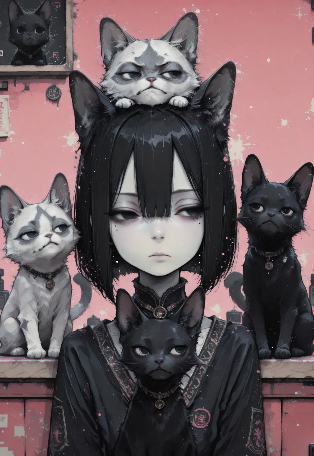 1girl, solo, black hair, bob cut, hair between eyes, solid black eyes, detailed eyes, looking to the side, mole under eye, head support, head on counter, expressionless, pale skin, straight on, close up, animal focus, grumpy cat, black cat,cat on head, pink dithering background, chromatic aberration,dithering,pixel art, no lineart, no outline, blending, flat color,15546+456868, r17329_illu,S4bit4mago_illu,Gorgeous Galactic