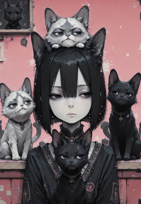 1girl, solo, black hair, bob cut, hair between eyes, solid black eyes, detailed eyes, looking to the side, mole under eye, head support, head on counter, expressionless, pale skin, straight on, close up, animal focus, grumpy cat, black cat,cat on head, pink dithering background, chromatic aberration,dithering,pixel art, no lineart, no outline, blending, flat color,15546+456868, r17329_illu,S4bit4mago_illu,Gorgeous Galactic