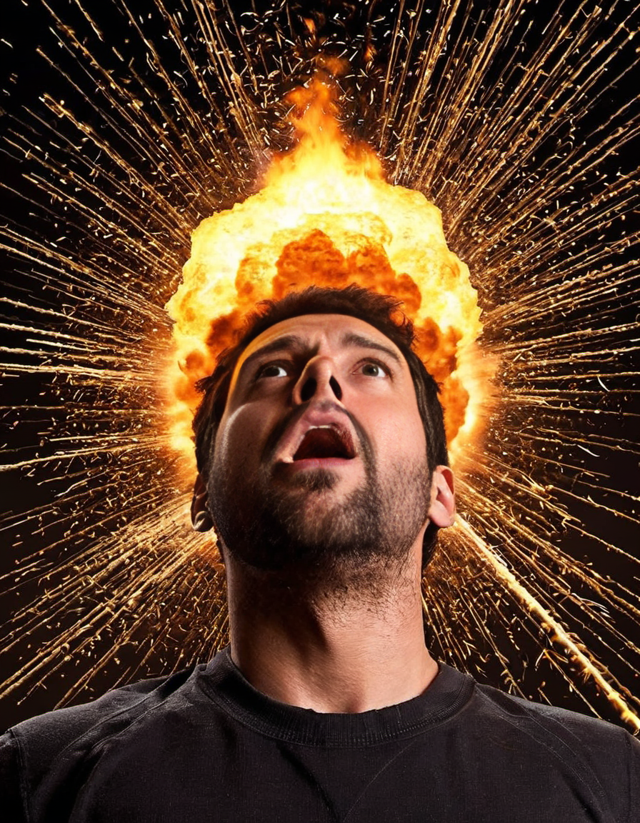 Explosion Artstyle coming from the top of a mans head, surreal, disturbing, photorealistic, high resolution, beautiful, highest quality, masterpiece, highly detailed,  <lora:add-detail-xl:0.85> <lora:Explosion Artstyle - Trigger is Explosion Artstyle:1>