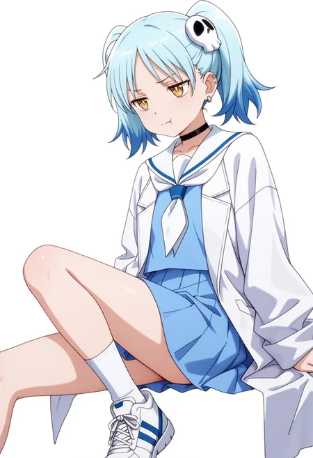 masterpiece,high quality details, absurdres,
<lora:Izutsumi_Marín:0.8>
izutsumi_cnr, 1girl, blue hair,yellow eyes, multicolored hair, skull hair ornament, twintails, black choker,ear piercing,
white sailor collar, blue serafuku, blue shirt,blue skirt,labcoat, white socks, sneakers,, simple background, white background, dutch angle,solo,, pain,depressed,, :t,, ultra realistic, high detailed skin,