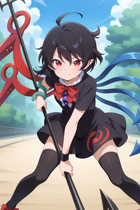 absurdres, highres, masterpiece, best quality, amazing quality, official anime artwork, screencap, anime screencap, outdoors, looking at viewer, light smile, dynamic pose, standing, 
 <lora:Nue-Houjuu_Illustrious:1> houjuu nue, 1girl, solo, red eyes, black hair, short hair, ahoge, pointy ears, asymmetrical wings,, black dress, black thighhighs, red bowtie, center frills, footwear bow, frills, snake armband, figthing stance, holding trident,