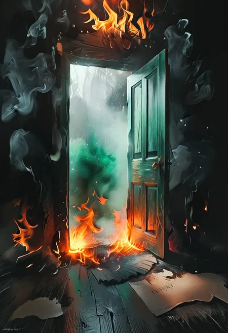 <lora:flame silhouette:1>, <lora:flame:1>, flame,
burning office green door, office,
graphic style of novel comics, perfect hands, 2d,
8k, hyperrealism, masterpiece, high resolution, best quality, ultra-detailed, super realistic, Hyperrealistic art, high-quality, ultra high res, highest detailed, lot of details, Extremely high-resolution details, incredibly lifelike, colourful, soft cinematic light,
