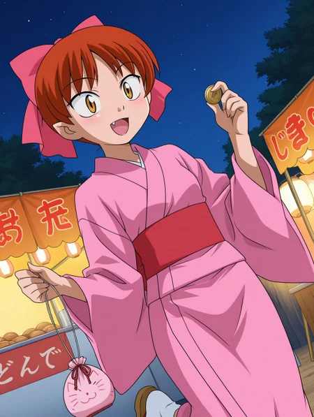masterpiece, best quality, amazing quality, detailed background, perfect eyes, anime coloring, anime screenshot, 2000s \(style\), 1girl, solo, nekomusume (gegege no kitaro 5), red hair, short hair, choppy bangs, pink hair bow, yellow eyes, small breasts, japanese clothes, pink kimono, cat print, long sleeves, red sash, tabi, sandals, holding coin purse, open mouth, fang, smile, dutch angle, cowboy shot, (outdoors, summer festival, food stand, night, night (sky), lantern),