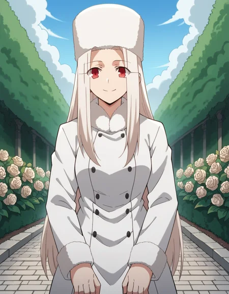 score_9, score_8_up, score_7_up, source_anime, <lora:irisviel-von-einzbern-zero-anime-ponyxl-lora-nochekaiser:1>, irisviel von einzbern, long hair, red eyes, white hair, parted bangs, hair intakes, mature female,, hat, coat, fur trim, white headwear, white coat, winter clothes, fur hat, winter coat,, garden, flowers, path, plants, tranquil, smile, hands on own knees, looking at viewer, solo,, dutch angle, cowboy shot