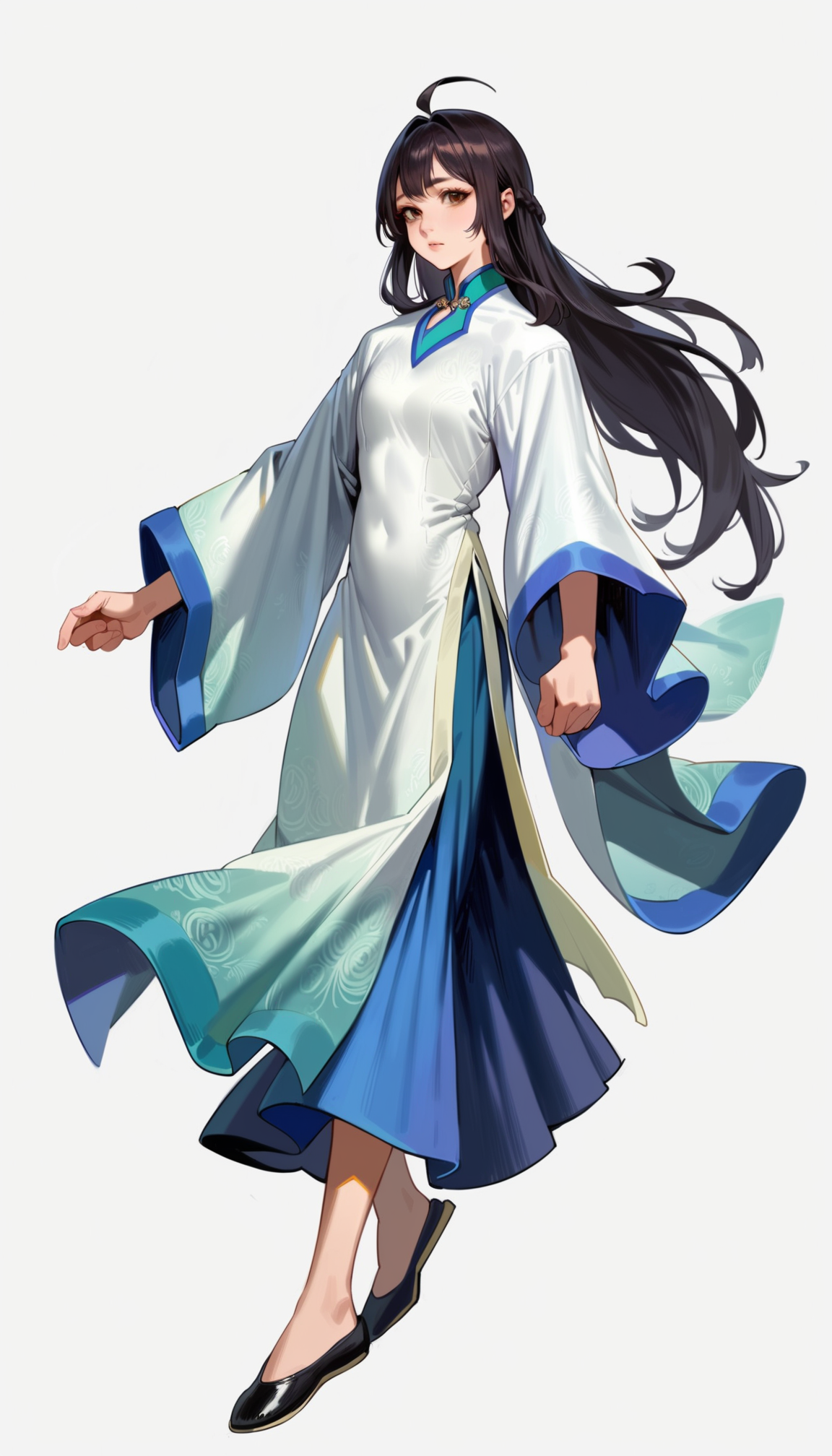 score_9,score_8_up,score_7_up,<lora:xinxianying>,xinxianying,1girl,solo,long black hair,bangs,ahoge,brown eyes,informal costume,black shoes,full body,white background,